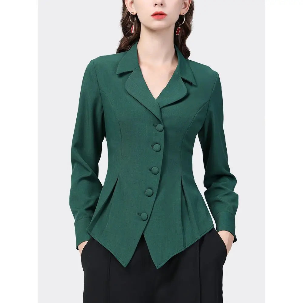 Temperament Skinny Solid Notched Pleated Button Elegant Blazers Graceful Intellectual Women's Clothing 2022 Thin Autumn Winter
