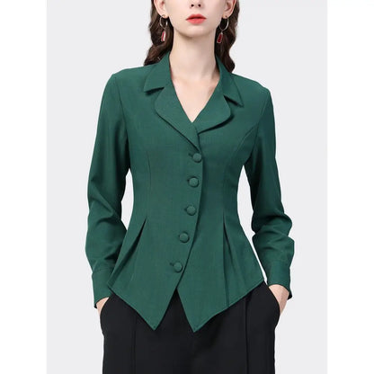 Temperament Skinny Solid Notched Pleated Button Elegant Blazers Graceful Intellectual Women's Clothing 2022 Thin Autumn Winter