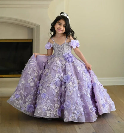 Lavender Flower Girl Dresses for Wedding Floral Appliques Bead Floor Length Girl Kids Birthday Party First Holy Communion Gowns