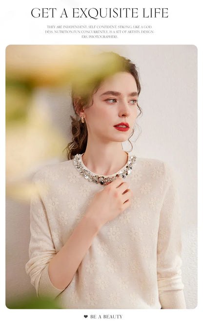 2024 Autumn Elegant Jacquard Fashion Glitter Bead Chain Decoration Round Neck Long Sleeve Women's Knitted Shirt