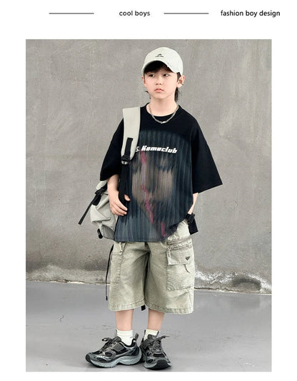 New Summer Korean Children Fashion Suit for Teen Boy Cotton Top And Bottom Set Kids Casual Tshirt Shorts 2PCS Clothing Set 7-16Y