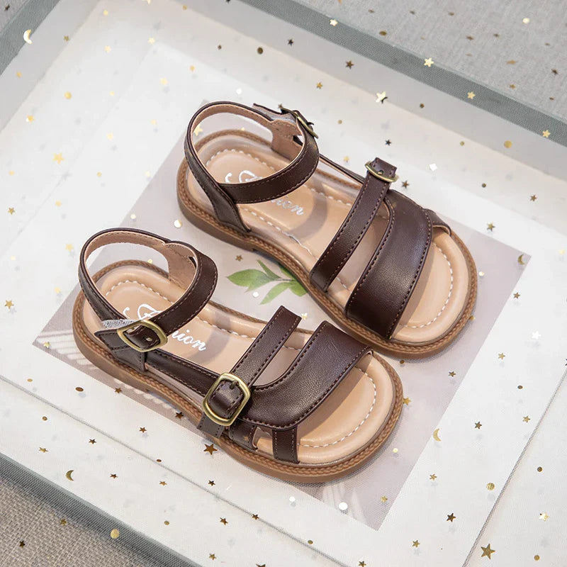 Girls Roman Sandals Open Toe Little Kids Leather Sandals with Buckle Open Toe Children Summer Beach Shoes Non-Slip Soft Sole
