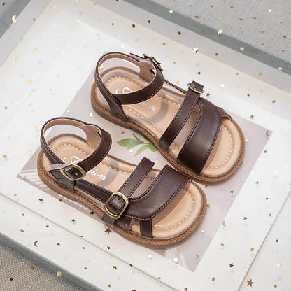 Girls Roman Sandals Open Toe Little Kids Leather Sandals with Buckle Open Toe Children Summer Beach Shoes Non-Slip Soft Sole