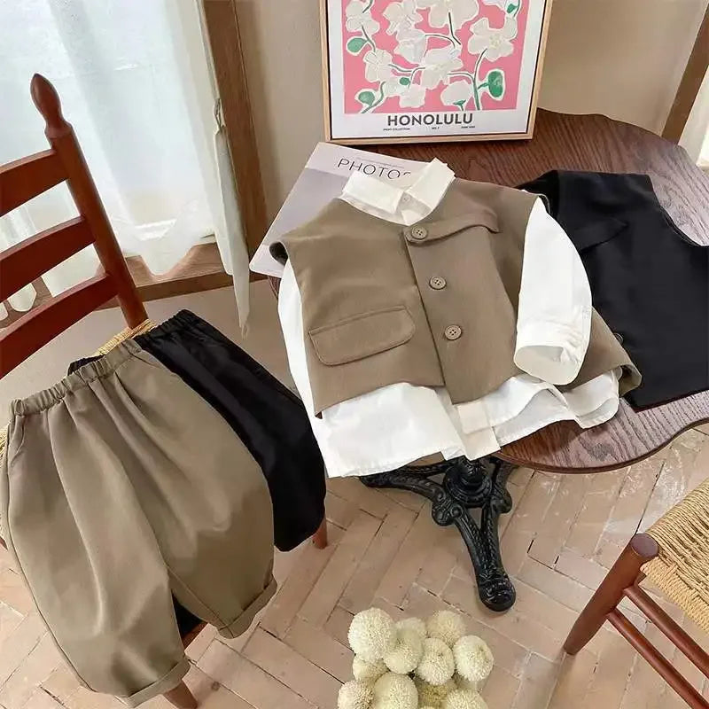 Boys' Autumn Set Trendy and Cool Children's Autumn Wear Boys and Babies Handsome Casual Suit Vest Three Piece Set New