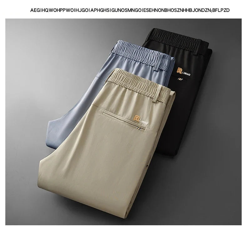 2026 Spring Summer Thin Ice Silk Suit Pants Men's Business Straight Slim High Elastic Ankle Length Casual Pants Male
