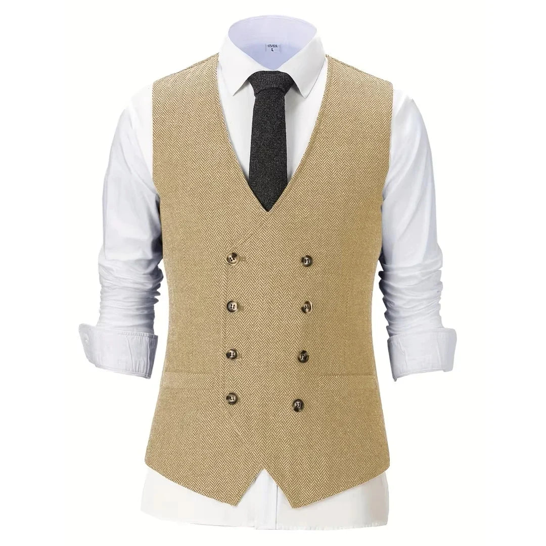 Men Vest Chanpagne Herringbone Double Button V Neck Waistcoat For Wedding Party Business Work Office Daily Casual Men Suit Vest