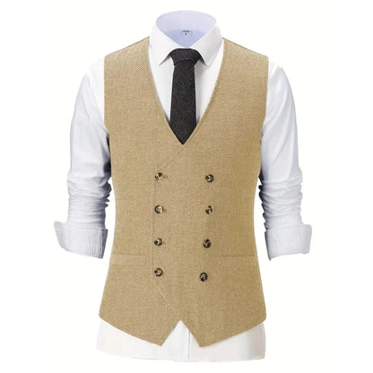 Men Vest Chanpagne Herringbone Double Button V Neck Waistcoat For Wedding Party Business Work Office Daily Casual Men Suit Vest