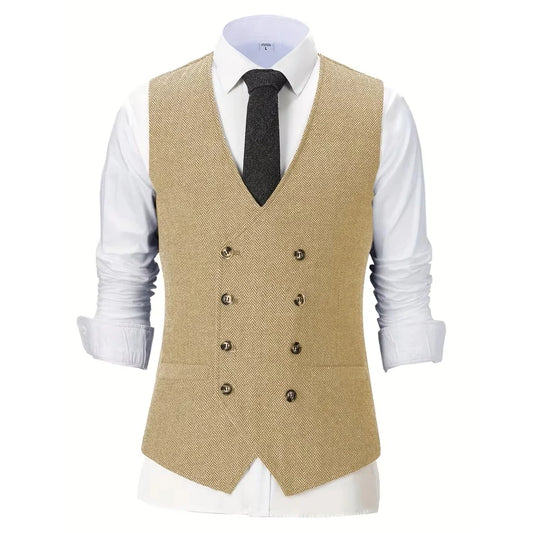Men Vest Chanpagne Herringbone Double Button V Neck Waistcoat For Wedding Party Business Work Office Daily Casual Men Suit Vest