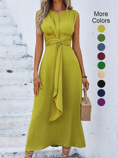 Women's Solid Color A-Line Dress Sleeveless Front Thin Straps Elegant Belted Midi Dress for Summer