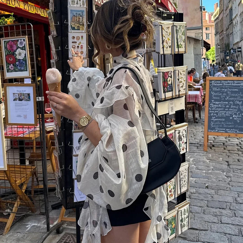 Ticketsx Polka Dot Ruffled Shirts Fashion Contrast Lace Up See Through Button Blouse Top Elegant Party High Street Women Shirt