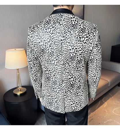 Splicing Leather Neck Casual Suit Jacket Fashion Leopard Men's Business Slim Fit Social Formal Blazers Wedding Groom Tuxedos