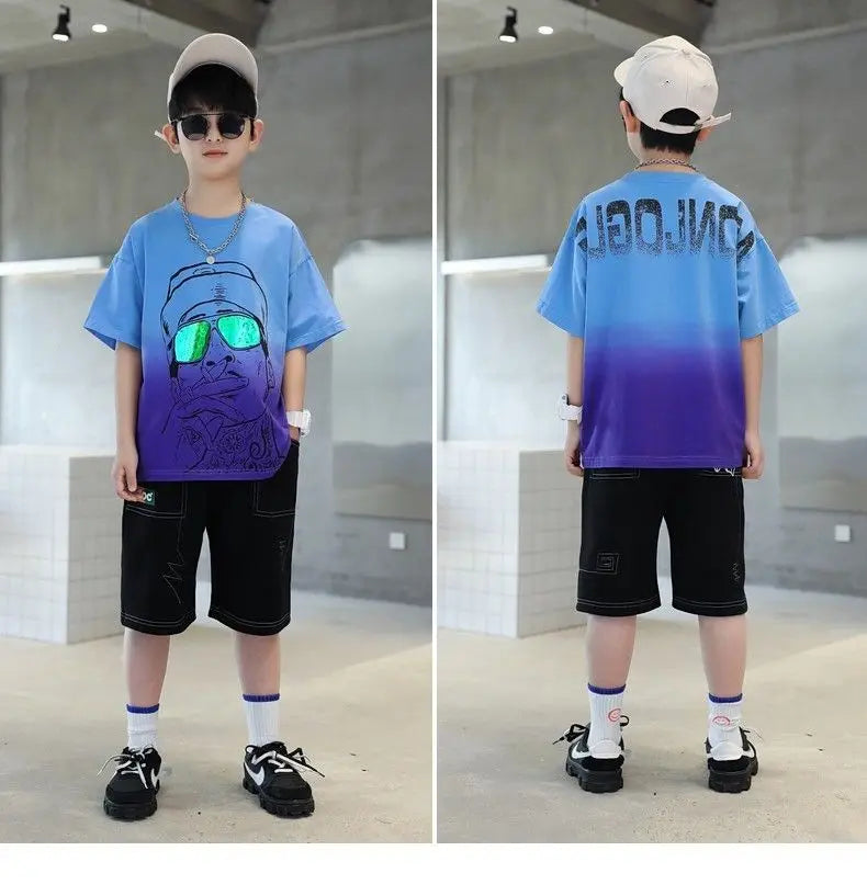Summer Casual Boys 3D Graffiti Gradient Color T-Shirt Tops+Jean Shorts School Kid Tracksuit Child 2PCS Outfit Workout Set 5-16Yr