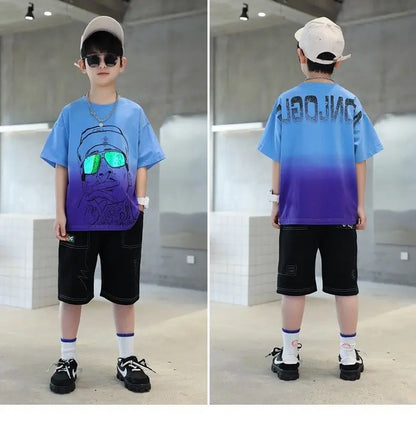 Summer Casual Boys 3D Graffiti Gradient Color T-Shirt Tops+Jean Shorts School Kid Tracksuit Child 2PCS Outfit Workout Set 5-16Yr
