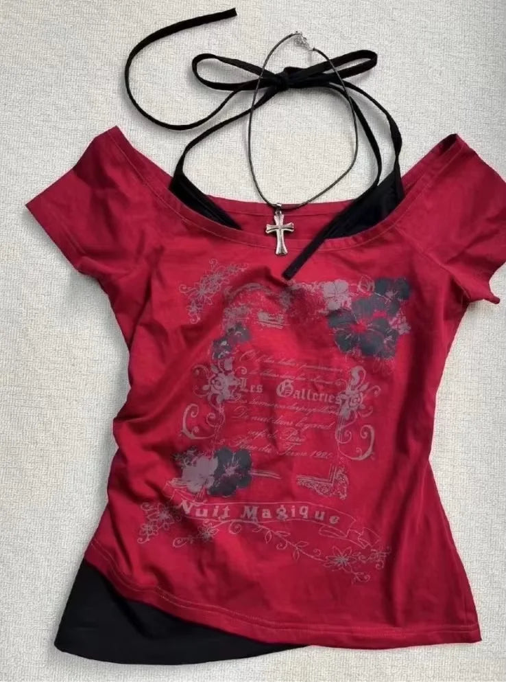 2026 Summer Y2k Vintage Graphic T Shirts Women Grunge Streetwear Hot Girl Slim Fit Tee Harajuku Fashion Casual Sweet Tops Chic