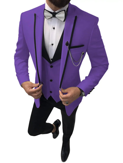 Men Suits Slim Fit One Button Casual Business Groomsmen Brown Peak Lapel Tuxedos For Formal Wedding (Blazer+Pants+Vest)
