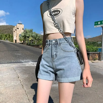 Summer Thin Style Korean Version High Waist Slimming Denim Shorts for Women Loose Line Outer Wear Rolled Edge Wide Leg Hot Pants