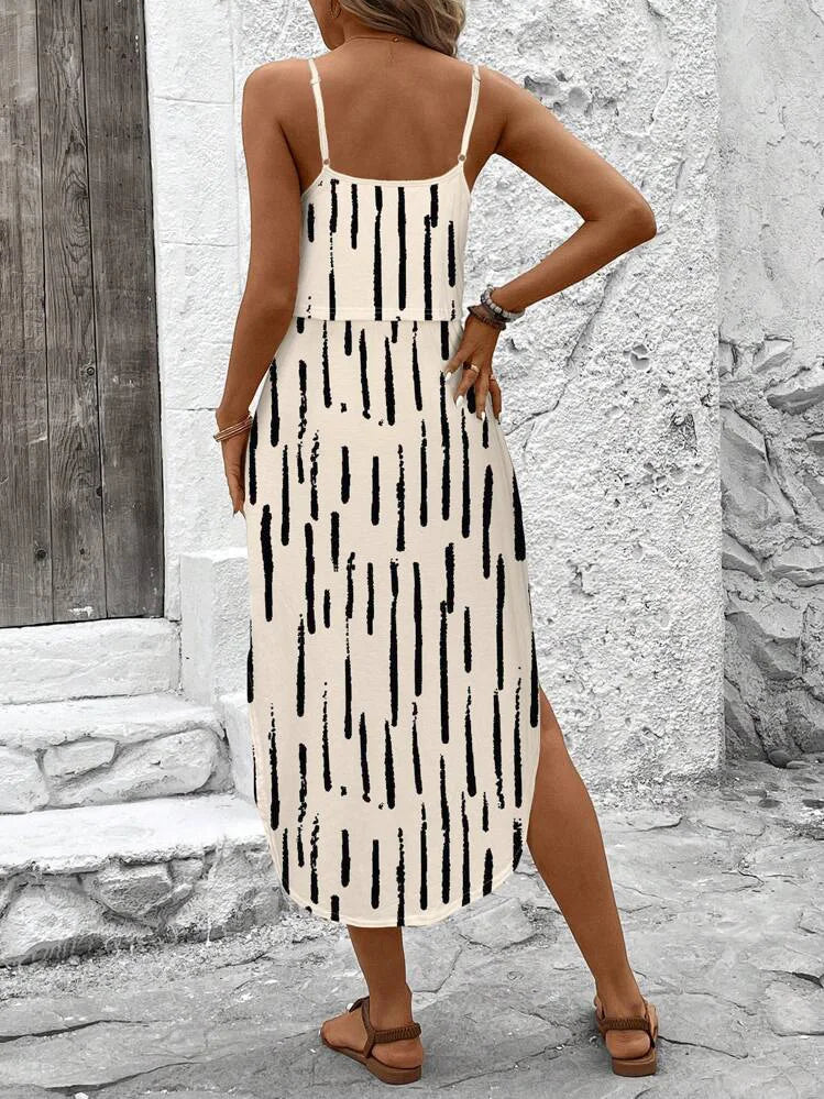 Women's Summer Spaghetti Strap Dress with Belt & Side Slit - Casual Sleeveless Flowy Dress
