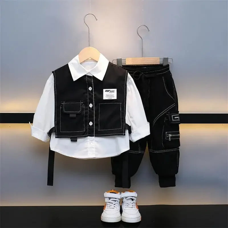 Boys Spring Autumn Clothing Set Baby Fake Two Piece Vest Shirt+Pants 2pcs Set for Korean Casual Children's Clothes Handsome Kids