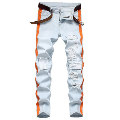 2026 New Men's Yellow Jeans, Blue Stretch Biker Trousers, Broken Hole Jeans, Fashion Popular Men Denim Pants Big Size 29-42