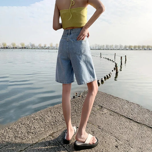 Summer Vintage High Waist Bermuda Shorts Jeans Women Korean Casual Wide Leg Denim Shorts Streetwear Loose Middle Short