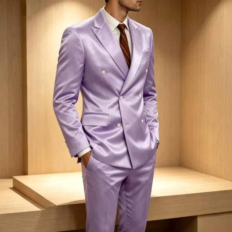 Luxury Men's Shiny Satin 2 Piece Suit Peak Lapel Double Breasted Jacket Pants Elegant Slim Fit Formal Tuxedo for Wedding Party