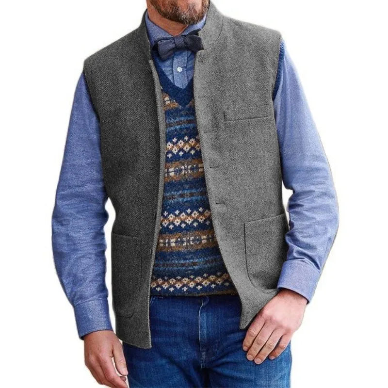 Men Vest Brown Herringbone Single Button Stand Collar Waistcoat For Wedding Business Banquet Work Daily Casual Men Suit Vest