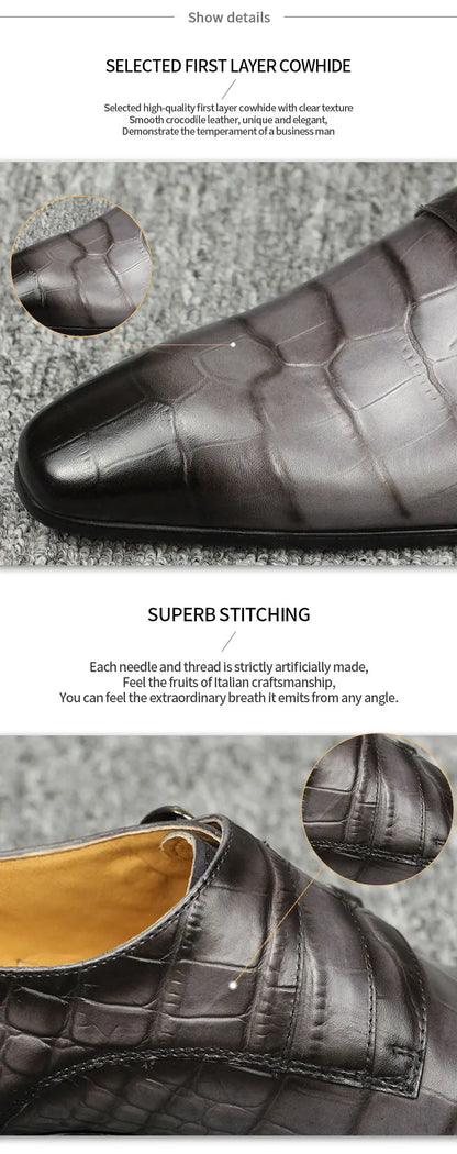 Fashion Business Men Leather Shoes Crocodile Print Wedding Party Office High Grade Genuine Leather Shoes Grey Pointed Toe Loafer