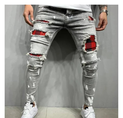 2025 Jeans Pencil Pants Holes Distressed Men Streetwear Denims Patchwork Mid Waist Slim Fit Washed Denim Ankle Length Trousers