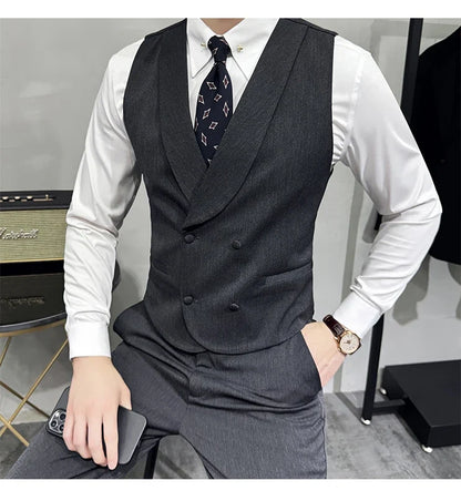 High-end Double-breasted Suit Vest With Pants 2024 New Men Fashion Slim Business Casual Best Groom Wedding Dress Vest  2 Pcs Set