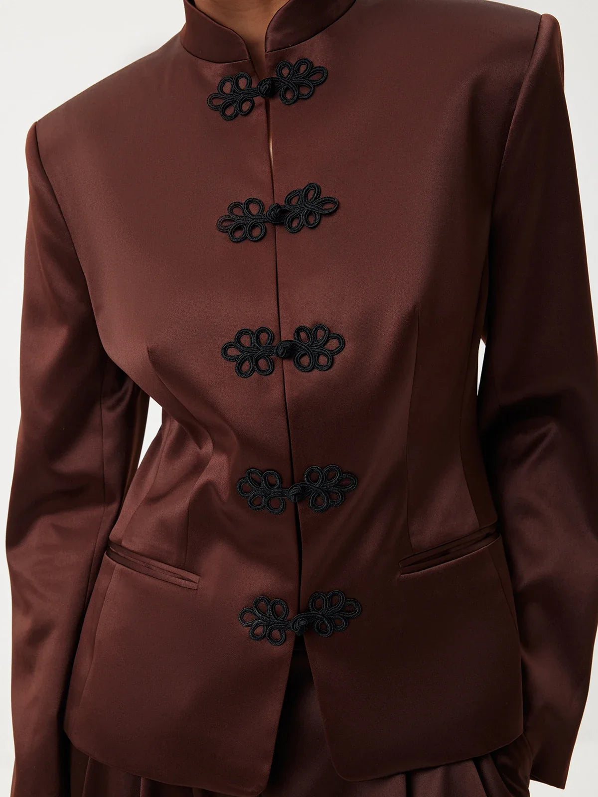 Women's Spring Summer Satin Mandarin Collar Knot Button Blazer Chic Formal Casual Wear 2026 Trendy Feminine Fashion Coat