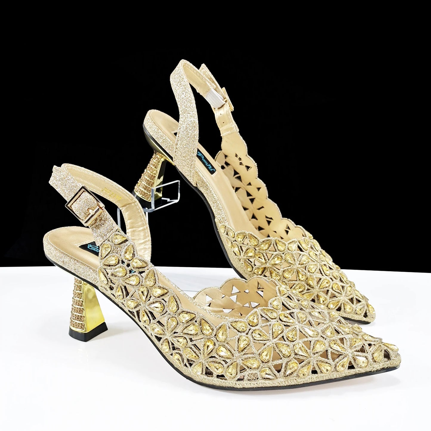 Italian Design Rhinestone-encrusted Sex Ladies Shoes And Special Bag High Heels And Heart Shape Gold Mini Bag