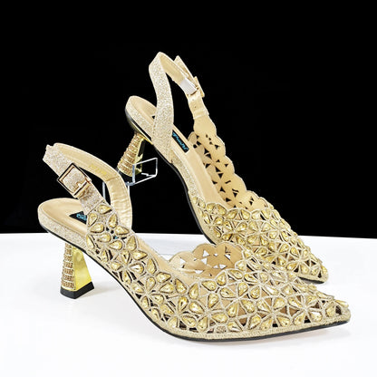 Italian Design Rhinestone-encrusted Sex Ladies Shoes And Special Bag High Heels And Heart Shape Gold Mini Bag