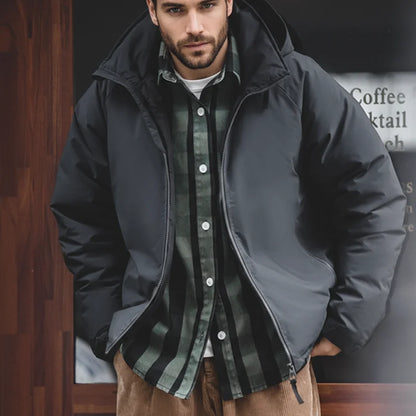 Hooded Down Jacket for Men Winter Thickened Matte Glossy Fabric Parka Outdoor Warm Coat Versatile Outerwear Black Jacket