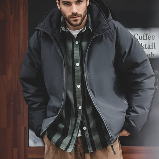 Hooded Down Jacket for Men Winter Thickened Matte Glossy Fabric Parka Outdoor Warm Coat Versatile Outerwear Black Jacket