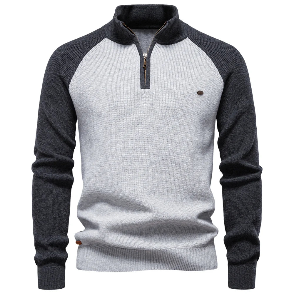 Men's Cotton Mock Neck Pullover Sweater Stand Collar Quarter Zipper Warm Casual Autumn Winter Social Sweater