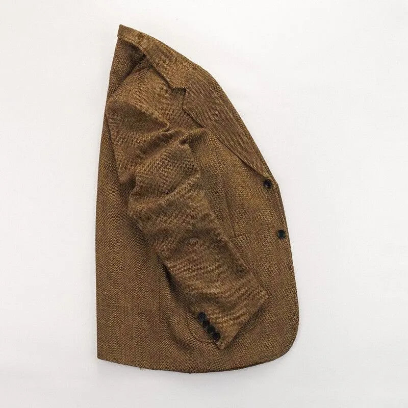 Retro British Tweed Men's Woolen Outwear Brown Wool Tweed Suit Herringbone Pattern Autumn and Winter Slim Fit Suit