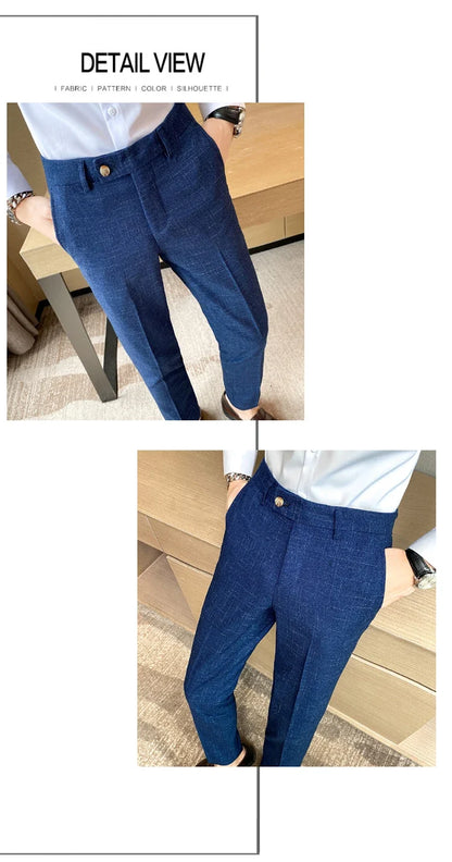 Boutique Classic Plaid and Striped Fashion Men's Casual Business Slim Suit Pants Groom Wedding Dress Trousers Party