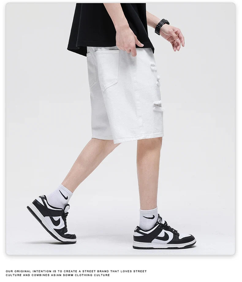 Summer New White Casual Men's Denim Shorts Ripped Fashion Loose Straight Street Bermuda Jeans Male Hole Short Pants