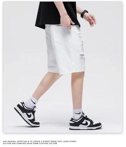 Summer New White Casual Men's Denim Shorts Ripped Fashion Loose Straight Street Bermuda Jeans Male Hole Short Pants