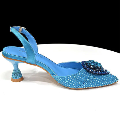 Blue Color Rhinestone Comfortable high heel shoe And Bag Fashion Style Pointed-Toe Shoes For Women Or Commuting Shoes