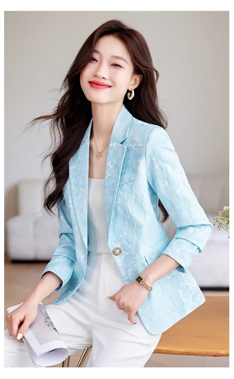 Women Blazer Office Lady 2024 Elegant Slim Notched Women Blazers Jackets Button Long Sleeve Decorative Pattern Female Suit Coat
