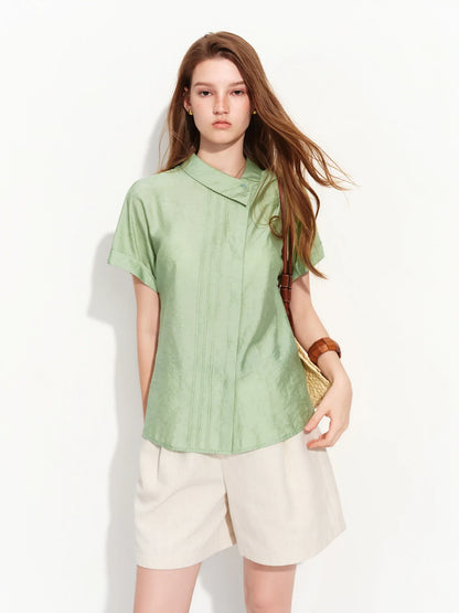 2026 Summer Women‘s Asymmetric Drop Shoulder Blouse, Notched Collar Short Sleeve Shirt for Relaxed Designer Style Top