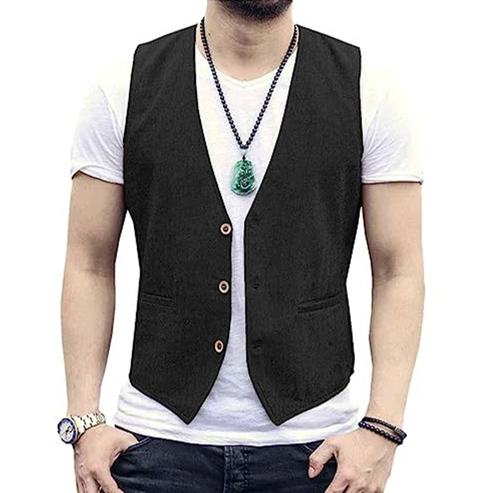 Large Men's Suit Vest  Spring And Summer Linen Cotton Slim Fit Waistcoats Lightweight And Breathable Single Breasted Casual Vest