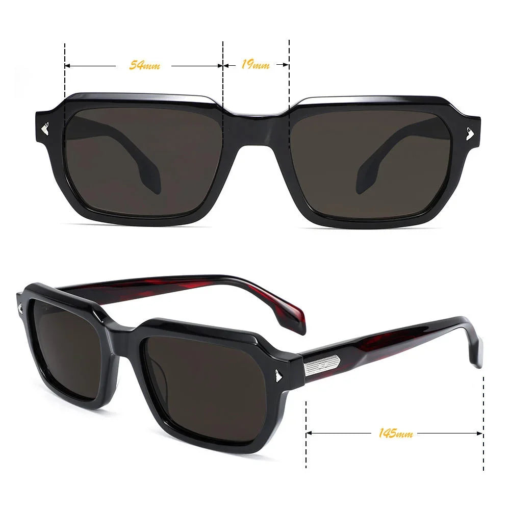 Designer Retro Rectangle Sunglasses Color Block Black Dark Red Temples UV400 Unisex Eyewear