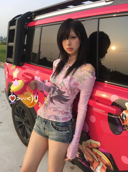 Karrram Japanese Y2k Anime Print Mesh Tops 2000s Aesthetics Pink Sheer Top Vintage Harajuku Kawaii See Through T-shirt Lolita