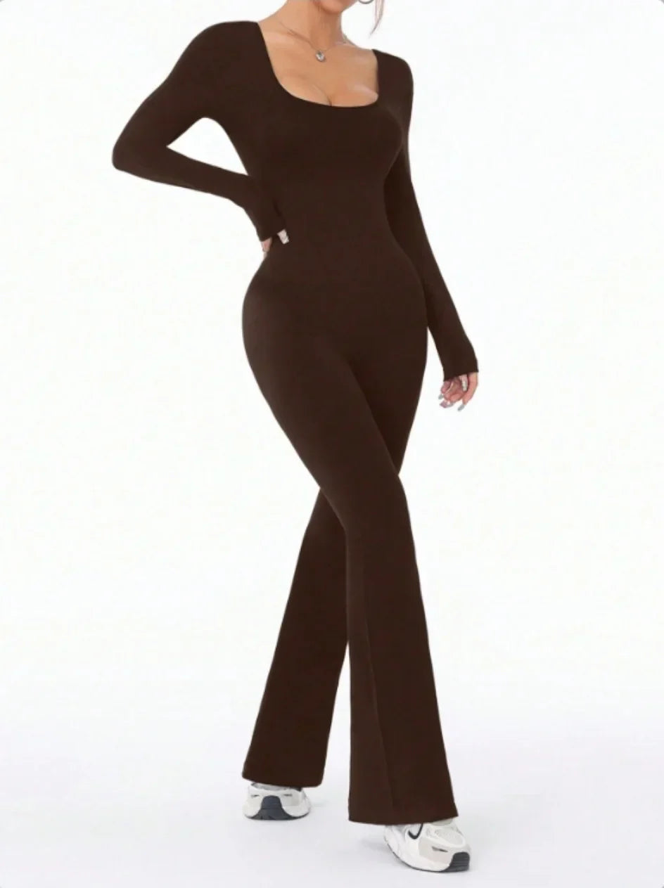 High quality solid color long sleeved compression exercise jumpsuit women's sportswear bell bottom pants sexy push up yoga set