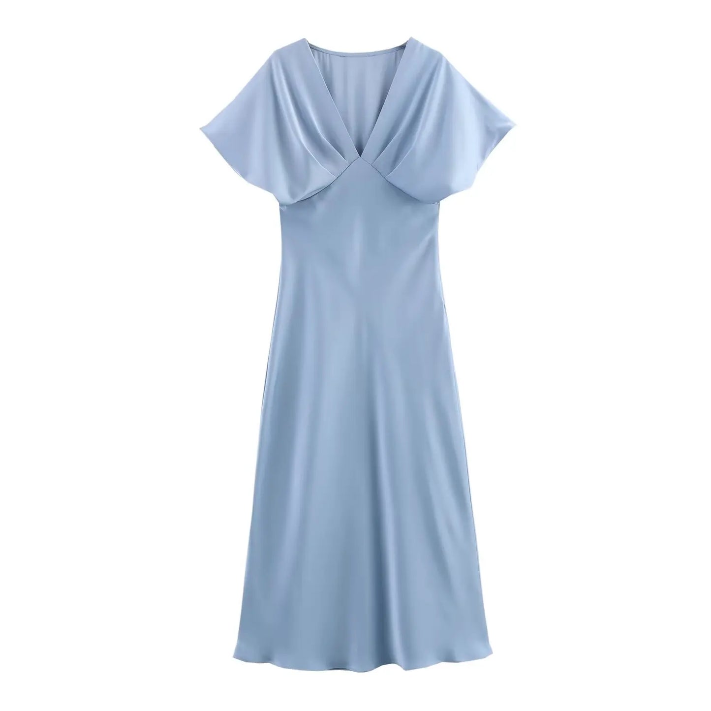 Women Elegant Solid Satin Dress Sexy V Neck Short Sleeve Midi Dress 2025 New Fashion Summer Lady Holidays Party Dress