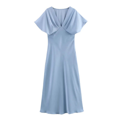 Women Elegant Solid Satin Dress Sexy V Neck Short Sleeve Midi Dress 2025 New Fashion Summer Lady Holidays Party Dress