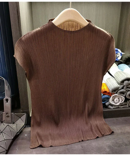 Miyake Versatile Classic Simple Solid Color Stand Up Collar Pleated Top Women Slim Slim Short Sleeve Miyake T-shirt Summer 2025