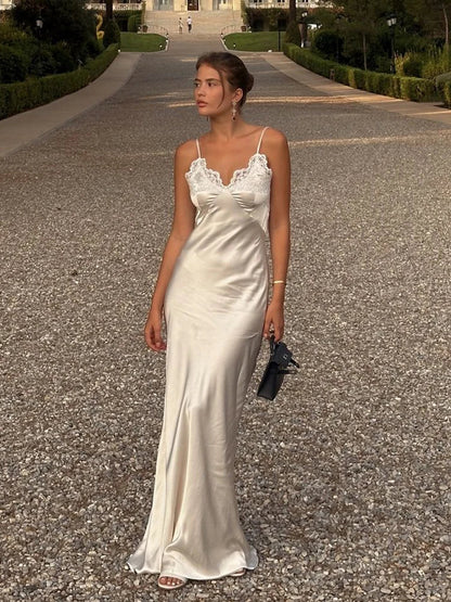 Women Sexy V-neck Satin Sling Maxi Dresses Chic White Lace Patchwork Sleeveless Backless Slim Gowns Summer Evening Party Dress